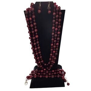 Burgundy Red Pearl Crystal Necklace Bracelet Earring Set Sterling Silver 925